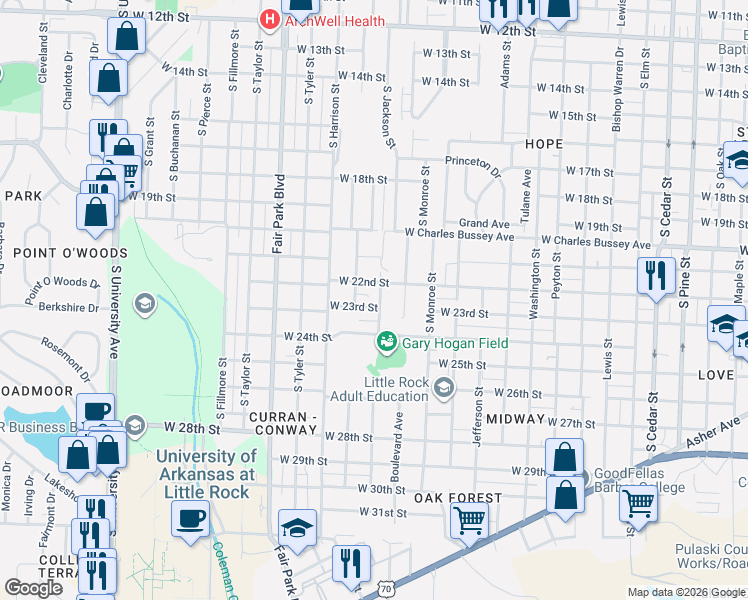 map of restaurants, bars, coffee shops, grocery stores, and more near 5113 West 23rd Street in Little Rock