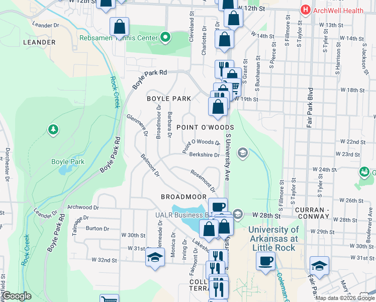 map of restaurants, bars, coffee shops, grocery stores, and more near 50 Berkshire Drive in Little Rock