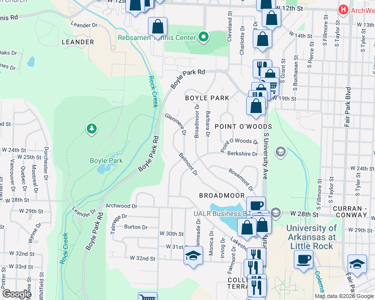 map of restaurants, bars, coffee shops, grocery stores, and more near 45 Glenmere Drive in Little Rock