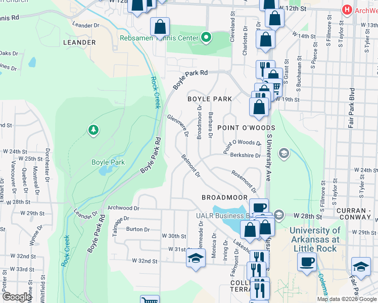 map of restaurants, bars, coffee shops, grocery stores, and more near 45 Glenmere Drive in Little Rock