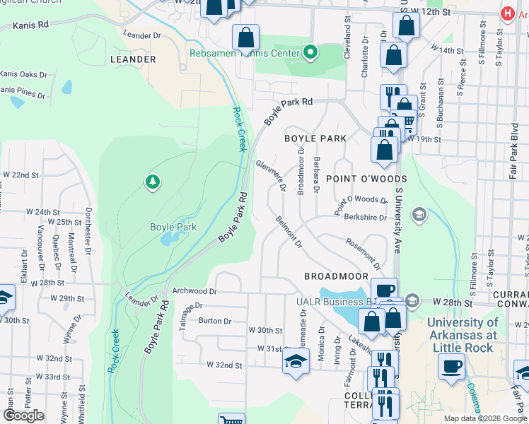 map of restaurants, bars, coffee shops, grocery stores, and more near 2305 Ridge Park Drive in Little Rock