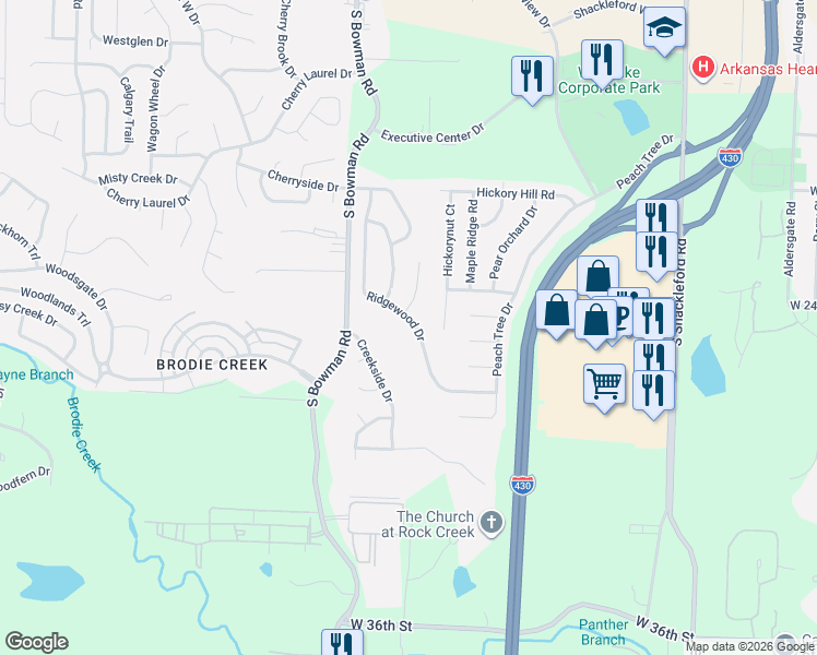 map of restaurants, bars, coffee shops, grocery stores, and more near 14317 Ridgewood Drive in Little Rock