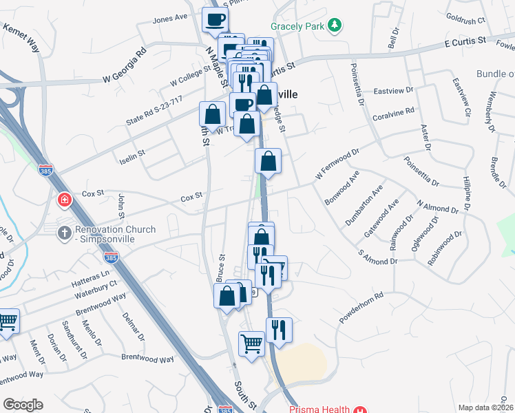 map of restaurants, bars, coffee shops, grocery stores, and more near 400 Southeast Main Street in Simpsonville