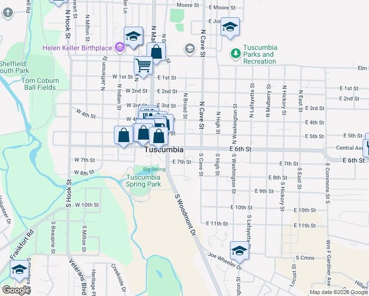 map of restaurants, bars, coffee shops, grocery stores, and more near 201 South Broad Street in Tuscumbia