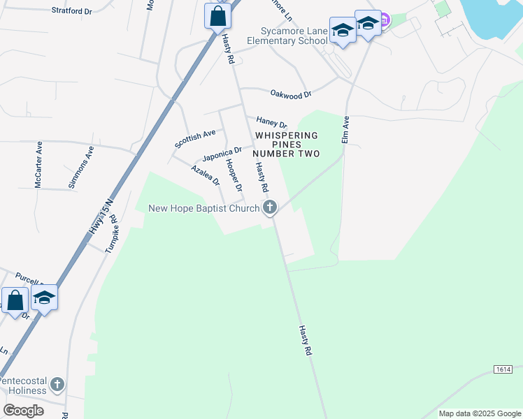 map of restaurants, bars, coffee shops, grocery stores, and more near 11480 Hasty Road in Laurinburg
