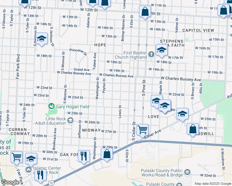 map of restaurants, bars, coffee shops, grocery stores, and more near 4209 West 22nd Street in Little Rock