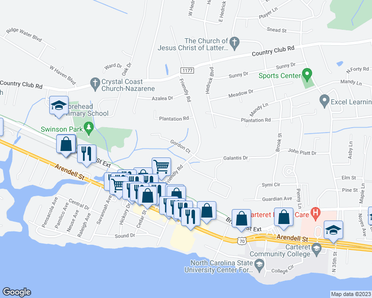 map of restaurants, bars, coffee shops, grocery stores, and more near 4111 Gordon Court in Morehead City