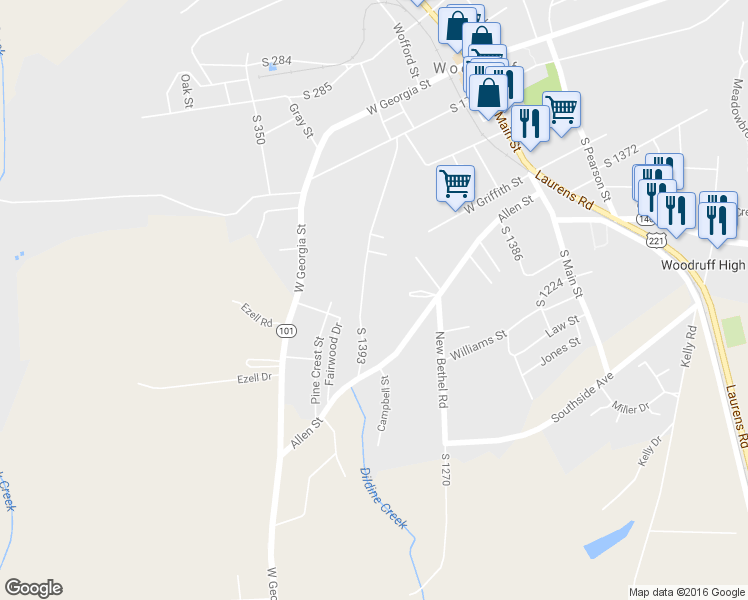 map of restaurants, bars, coffee shops, grocery stores, and more near 489 Sharp Street in Woodruff