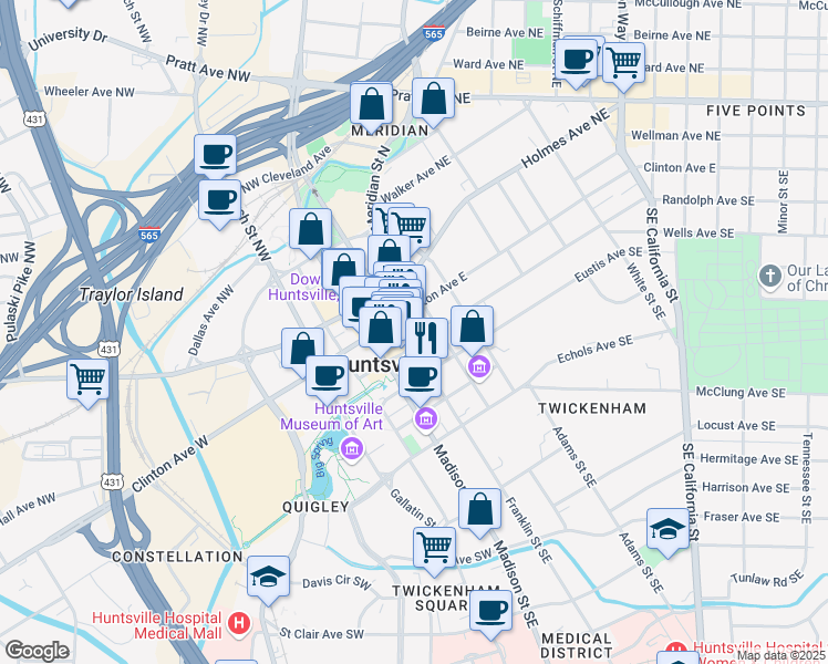 map of restaurants, bars, coffee shops, grocery stores, and more near 115 Washington Street Northeast in Huntsville