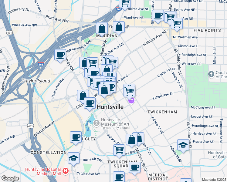 map of restaurants, bars, coffee shops, grocery stores, and more near 115 Washington Street Northeast in Huntsville