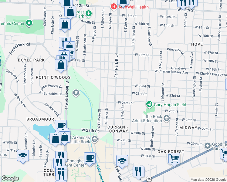 map of restaurants, bars, coffee shops, grocery stores, and more near 2300 Fair Park Boulevard in Little Rock