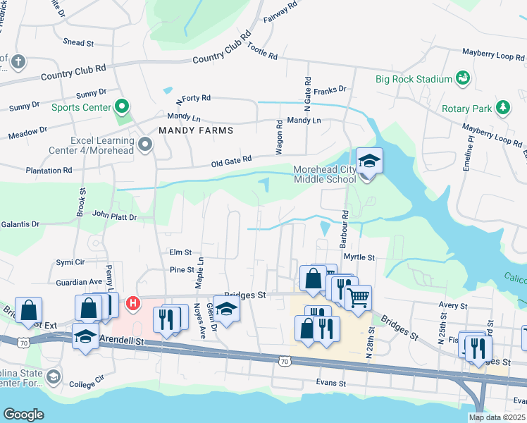 map of restaurants, bars, coffee shops, grocery stores, and more near 412 Commerce Avenue in Morehead City