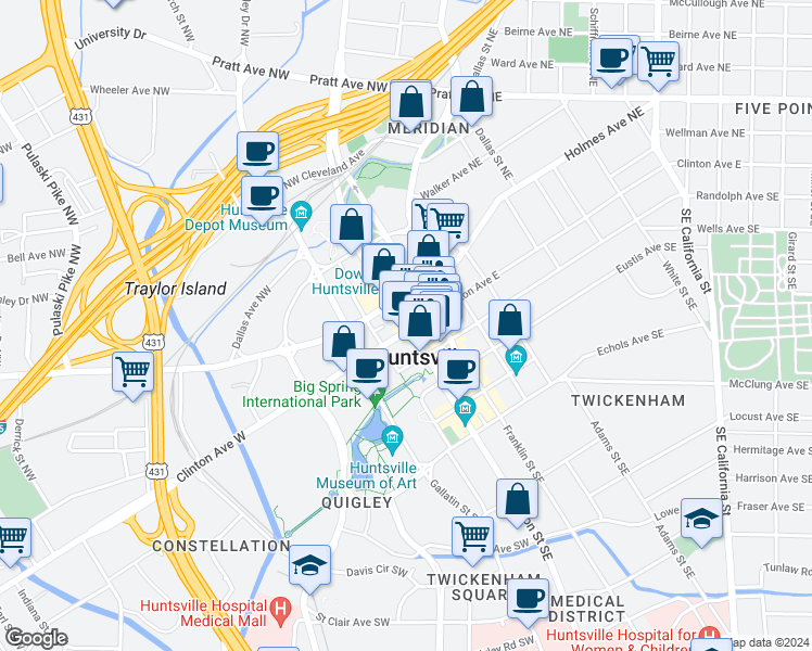 map of restaurants, bars, coffee shops, grocery stores, and more near in Huntsville