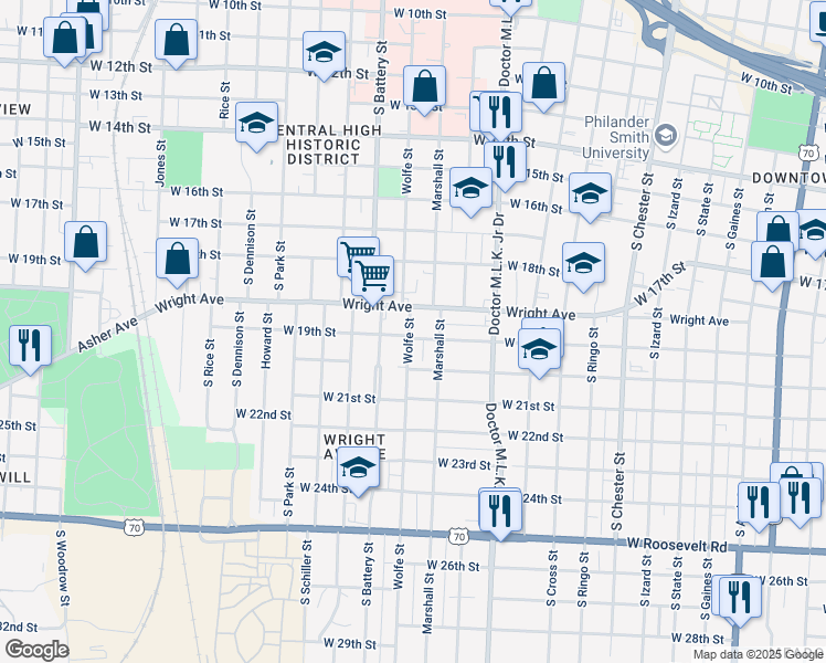 map of restaurants, bars, coffee shops, grocery stores, and more near 1900 Wolfe Street in Little Rock