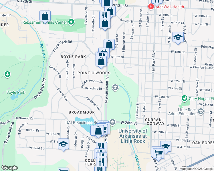 map of restaurants, bars, coffee shops, grocery stores, and more near 2251 South University Avenue in Little Rock
