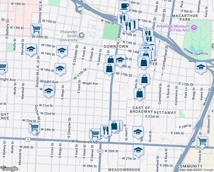 map of restaurants, bars, coffee shops, grocery stores, and more near 1800 Broadway Street in Little Rock