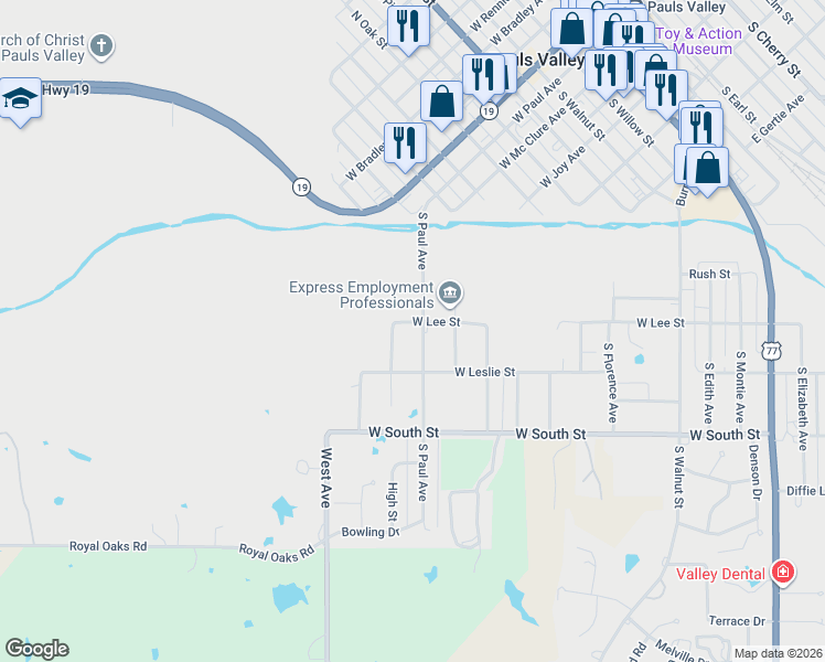 map of restaurants, bars, coffee shops, grocery stores, and more near 325 South Paul Avenue in Pauls Valley