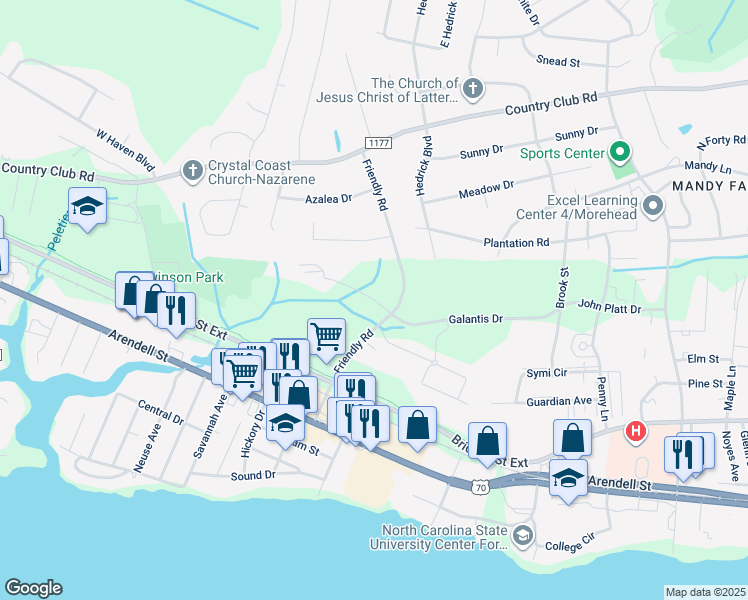 map of restaurants, bars, coffee shops, grocery stores, and more near 107 Gordon Court in Morehead City