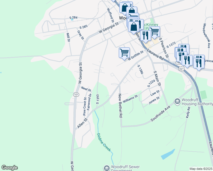 map of restaurants, bars, coffee shops, grocery stores, and more near 489 Sharp Street in Woodruff