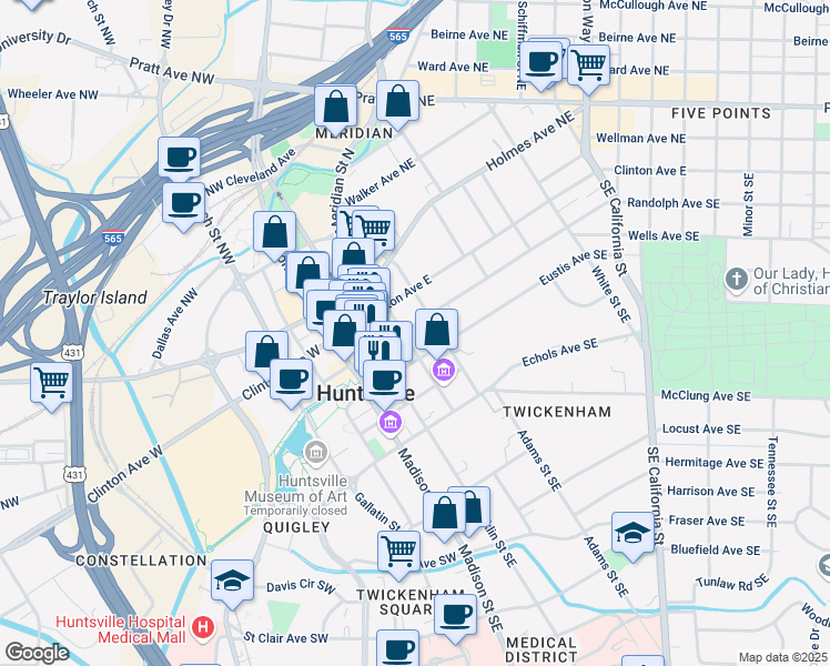 map of restaurants, bars, coffee shops, grocery stores, and more near 215 Greene Street Southeast in Huntsville