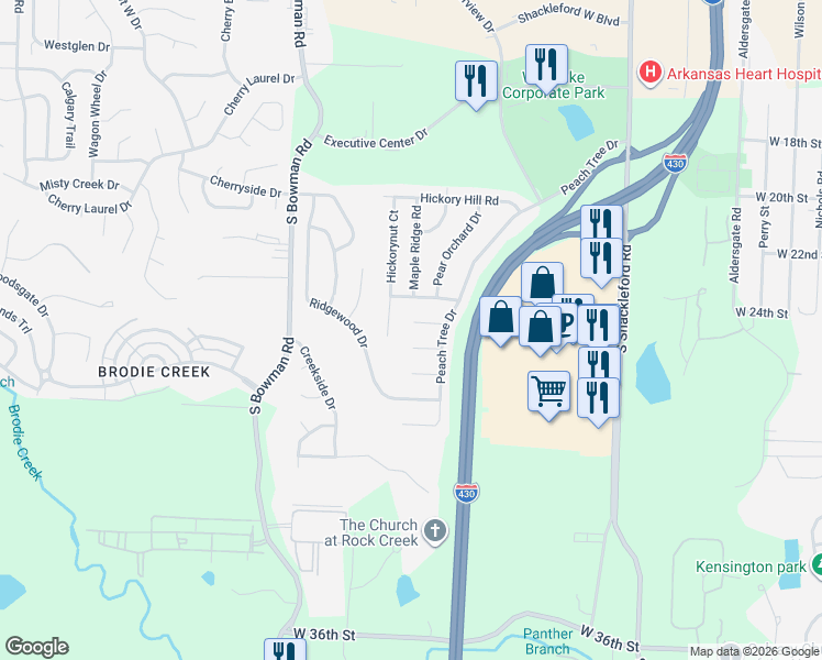 map of restaurants, bars, coffee shops, grocery stores, and more near 3107 Summerhill Court in Little Rock