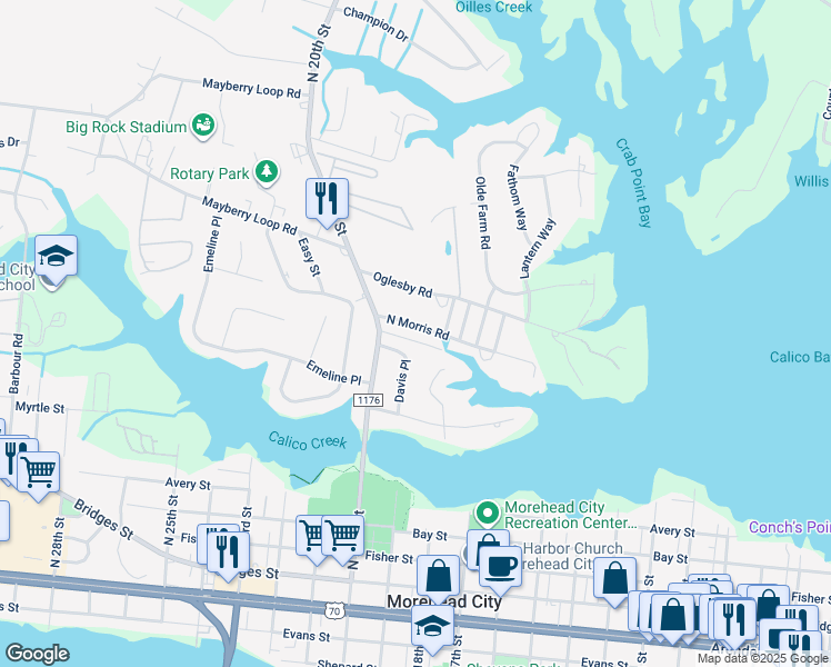 map of restaurants, bars, coffee shops, grocery stores, and more near 1820 Morris Road in Morehead City