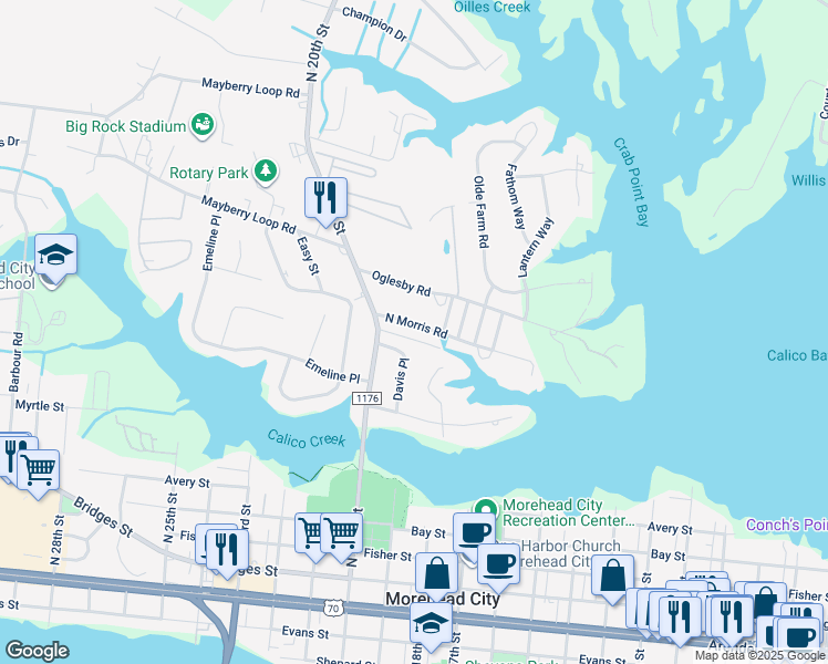 map of restaurants, bars, coffee shops, grocery stores, and more near 1820 Morris Road in Morehead City