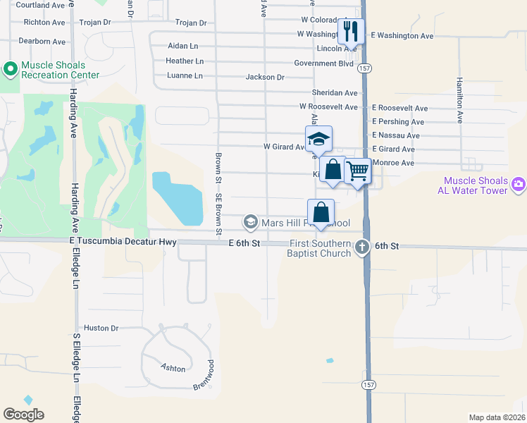 map of restaurants, bars, coffee shops, grocery stores, and more near 300 Fulton Road in Muscle Shoals