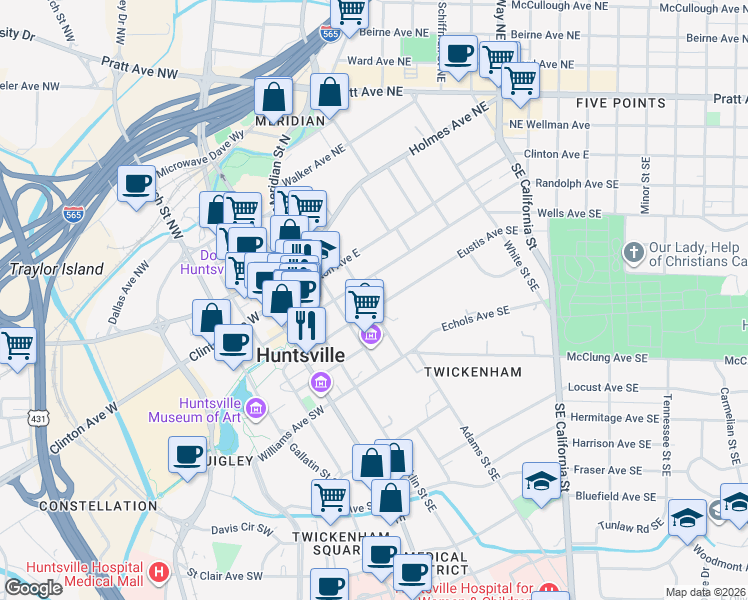 map of restaurants, bars, coffee shops, grocery stores, and more near 303 Lincoln Street Southeast in Huntsville