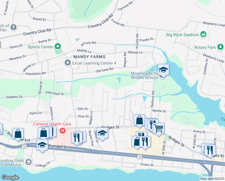 map of restaurants, bars, coffee shops, grocery stores, and more near 425 Commerce Avenue in Morehead City