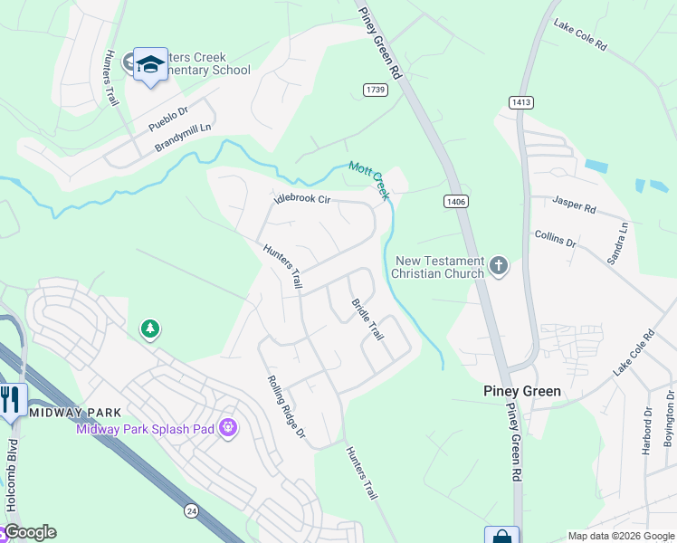 map of restaurants, bars, coffee shops, grocery stores, and more near 2407 Saddleridge Drive in Piney Green