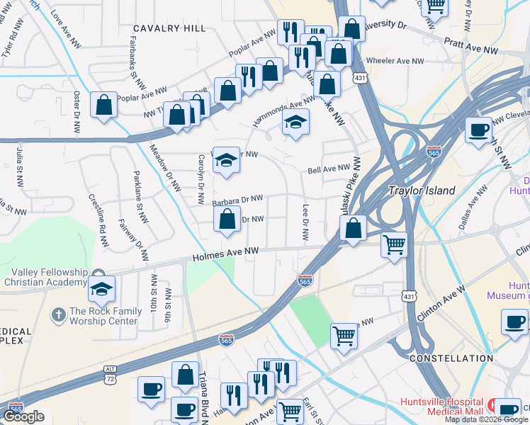 map of restaurants, bars, coffee shops, grocery stores, and more near 817 Peachtree Street Northwest in Huntsville