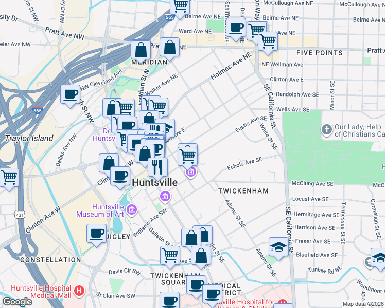 map of restaurants, bars, coffee shops, grocery stores, and more near 303 Lincoln Street Southeast in Huntsville