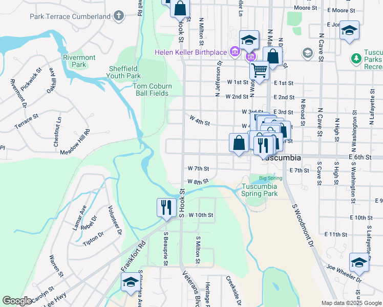 map of restaurants, bars, coffee shops, grocery stores, and more near 200-298 S Milton St in Tuscumbia