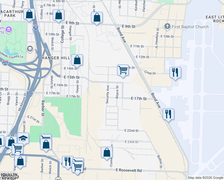 map of restaurants, bars, coffee shops, grocery stores, and more near 1609 Security Avenue in Little Rock