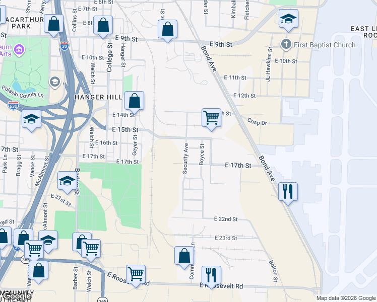 map of restaurants, bars, coffee shops, grocery stores, and more near 1609 Security Avenue in Little Rock