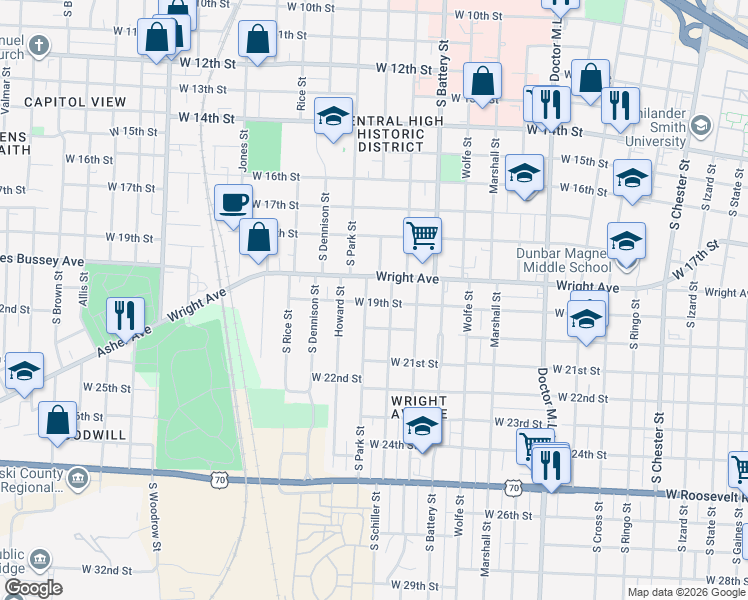 map of restaurants, bars, coffee shops, grocery stores, and more near 1916 South Schiller Street in Little Rock