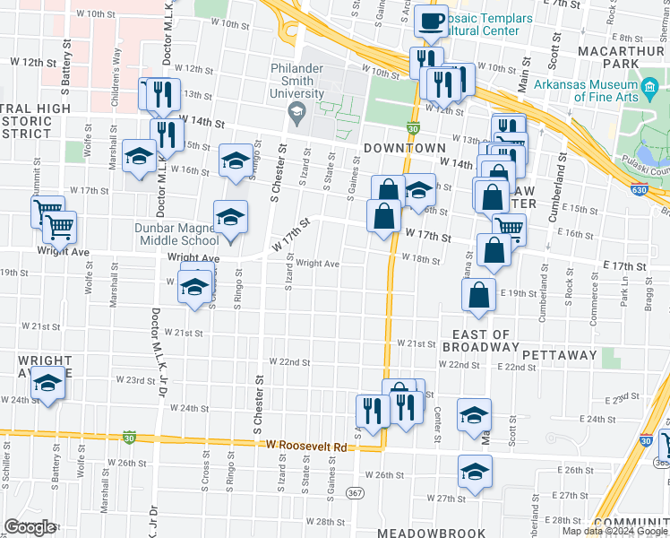 map of restaurants, bars, coffee shops, grocery stores, and more near 1854 South Gaines Street in Little Rock