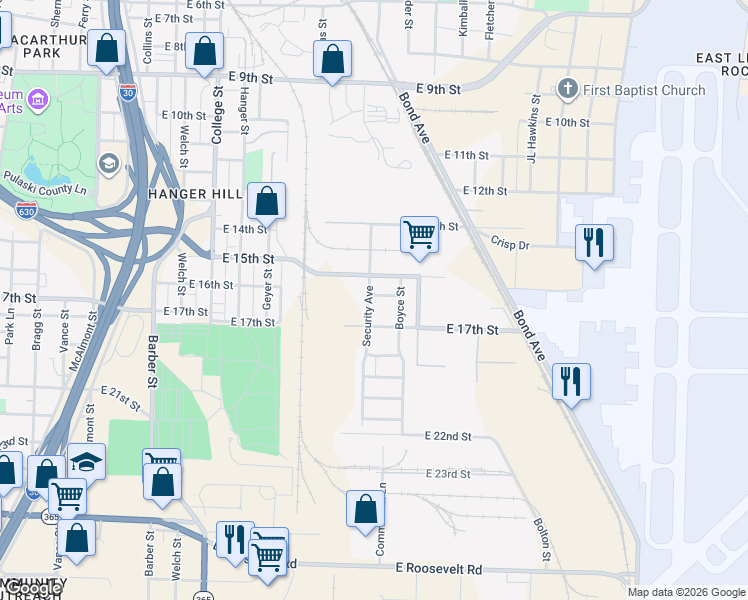 map of restaurants, bars, coffee shops, grocery stores, and more near 1609 Security Avenue in Little Rock