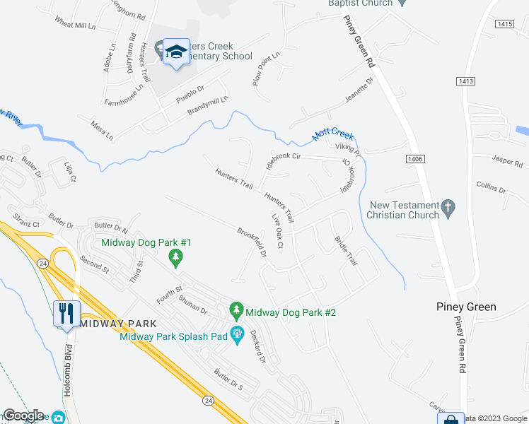 map of restaurants, bars, coffee shops, grocery stores, and more near 223 Live Oak Court in Piney Green