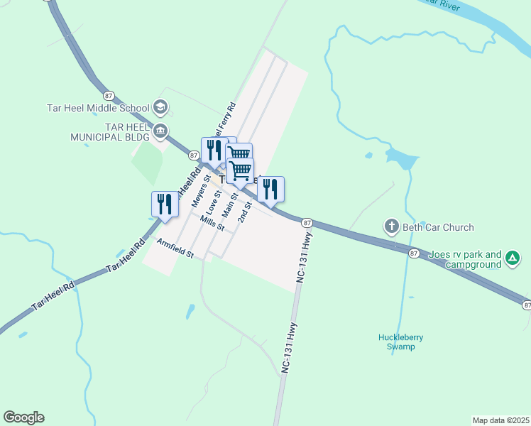 map of restaurants, bars, coffee shops, grocery stores, and more near 30 Robeson Street in Tar Heel