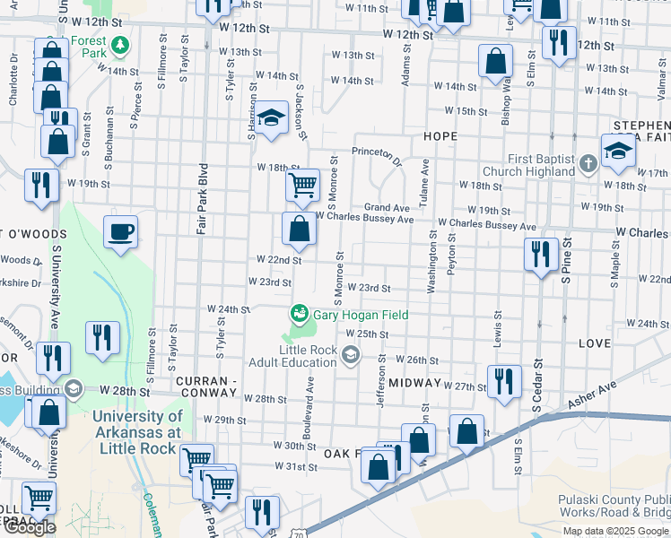 map of restaurants, bars, coffee shops, grocery stores, and more near 4820 West 23rd Street in Little Rock