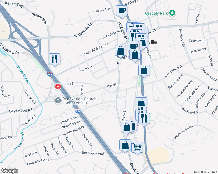 map of restaurants, bars, coffee shops, grocery stores, and more near 116 Corporate Drive in Simpsonville