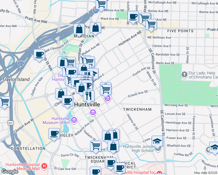 map of restaurants, bars, coffee shops, grocery stores, and more near 303 Lincoln Street Southeast in Huntsville