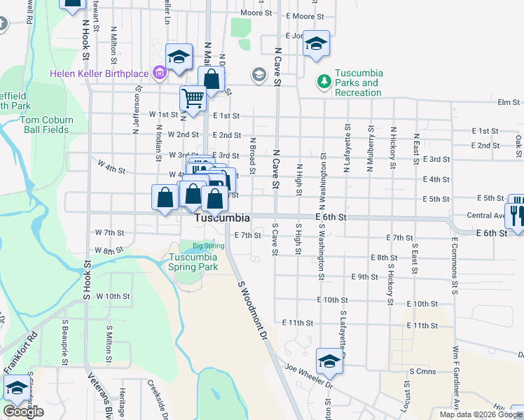 map of restaurants, bars, coffee shops, grocery stores, and more near 201-299 S Broad St in Tuscumbia