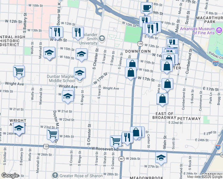 map of restaurants, bars, coffee shops, grocery stores, and more near 704 West 19th Street in Little Rock