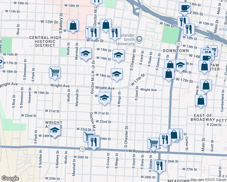 map of restaurants, bars, coffee shops, grocery stores, and more near 1870 South Ringo Street in Little Rock