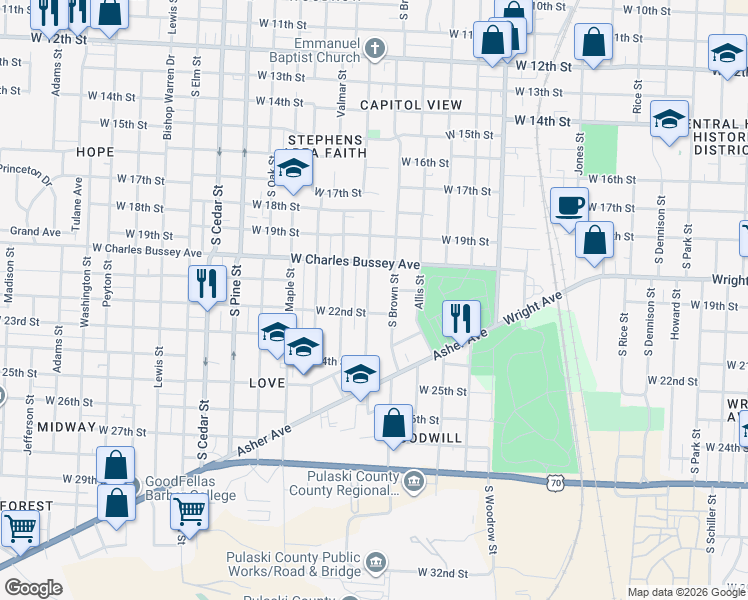 map of restaurants, bars, coffee shops, grocery stores, and more near 2201 Martin Street in Little Rock