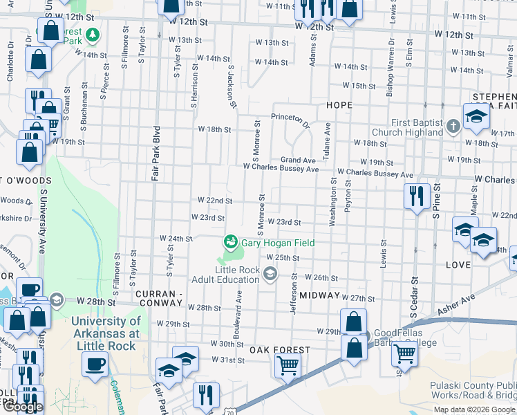 map of restaurants, bars, coffee shops, grocery stores, and more near 4820 West 23rd Street in Little Rock
