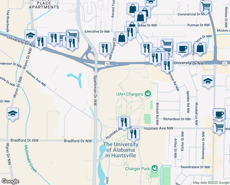 map of restaurants, bars, coffee shops, grocery stores, and more near University Circle in Huntsville